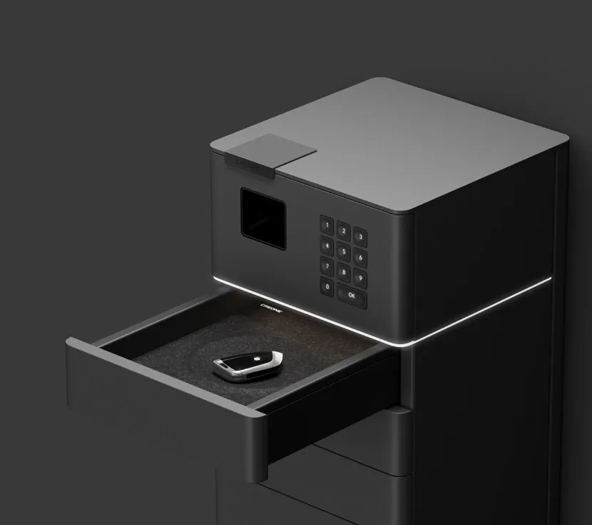 Elektronischer Schlüsseltresor mit Zahlencode-Tastatur und geöffneter Schublade