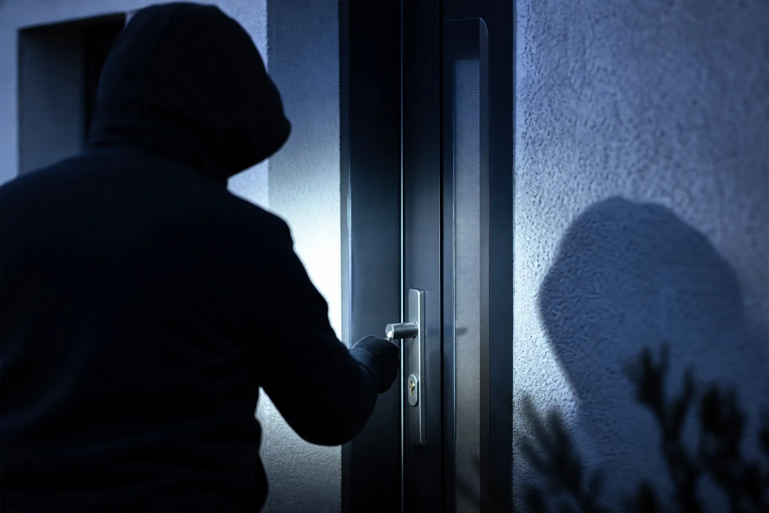 Symbolbild: Silhouette einer Person mit Kapuzenpulli am Türgriff einer Haustür bei Nacht