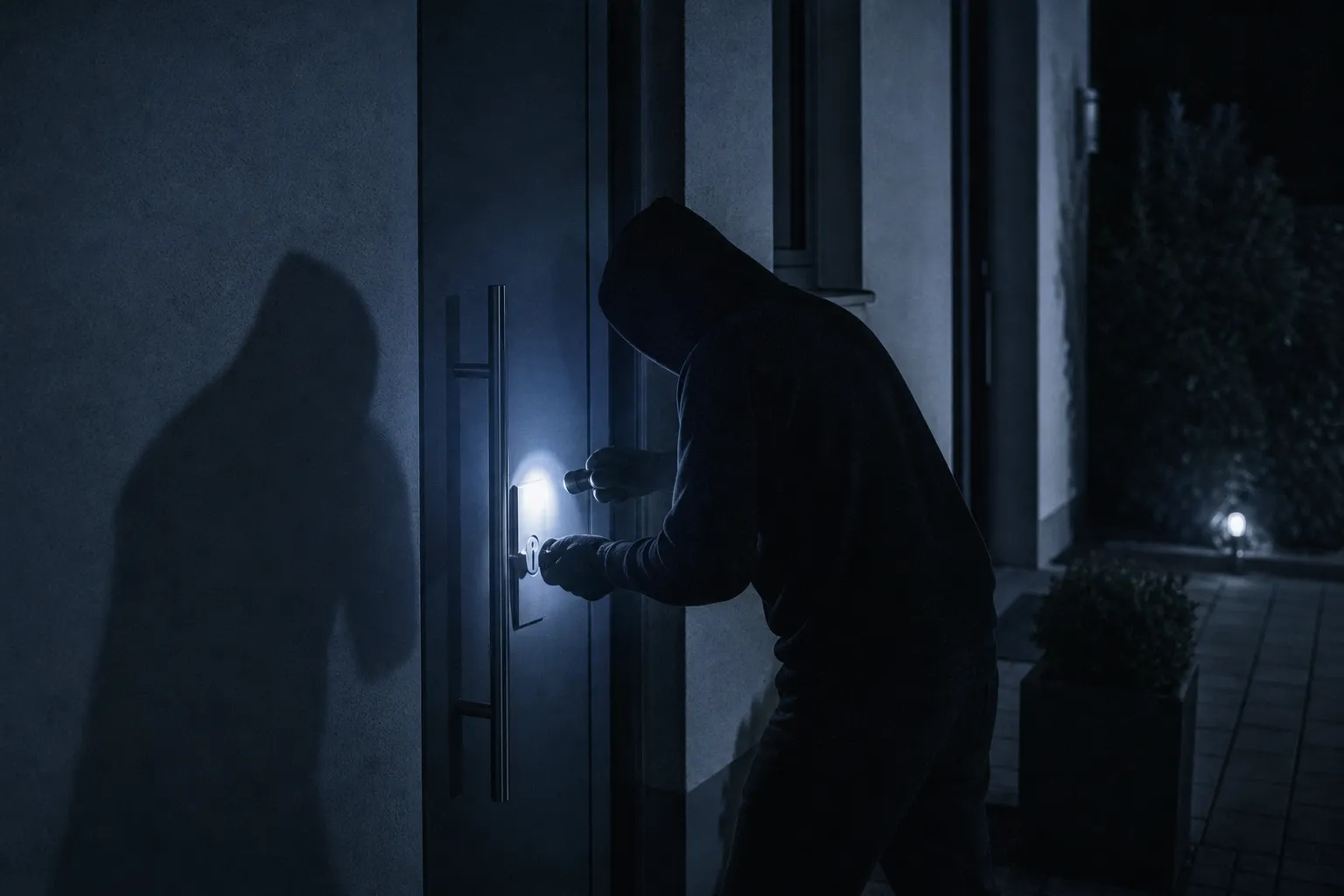 Symbolbild: Silhouette einer Person mit Kapuzenpulli leuchtet mit Taschenlampe auf eine Haustür