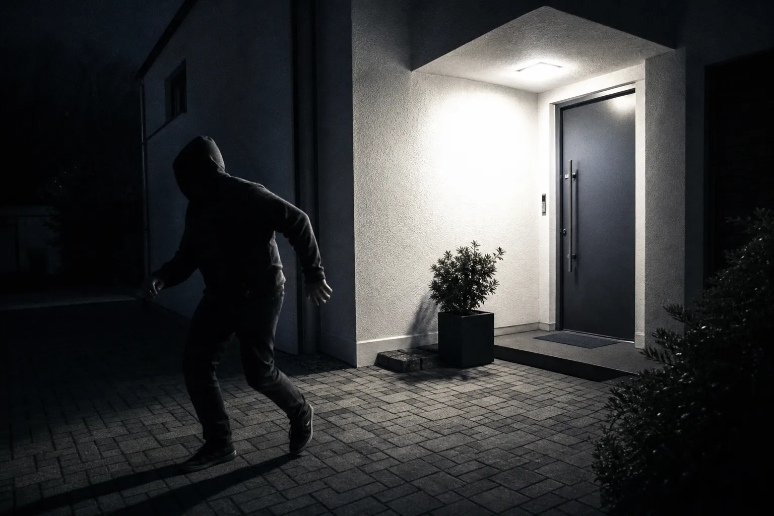 Symbolbild: Außenleuchte und Bewegungsmelder lassen Silhouette einer Person mit Kapuzenpulli plötzlich aufschrecken