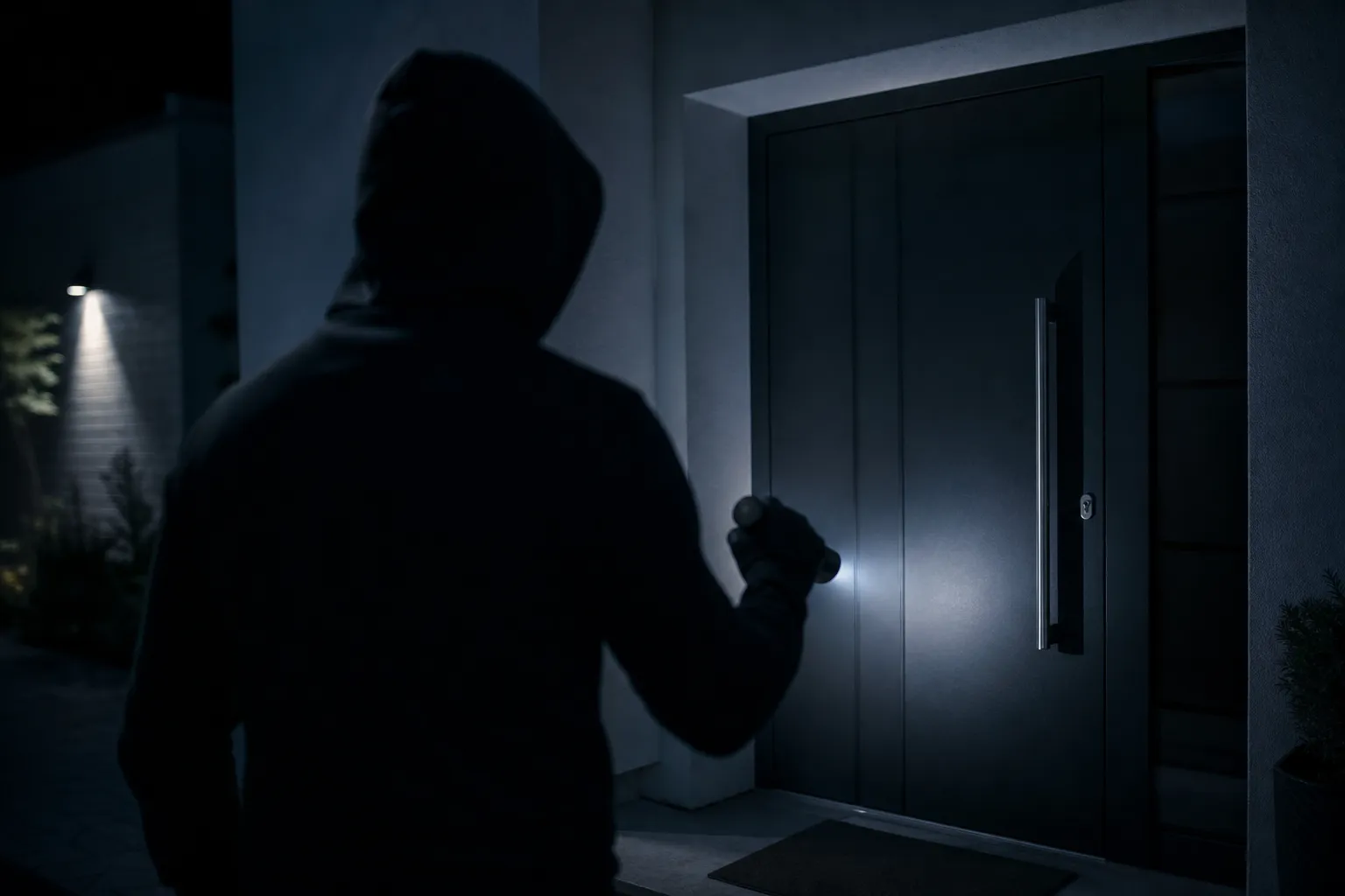 Symbolbild: Silhouette einer Person mit Kapuzenpulli nähert sich nachts einer Haustür