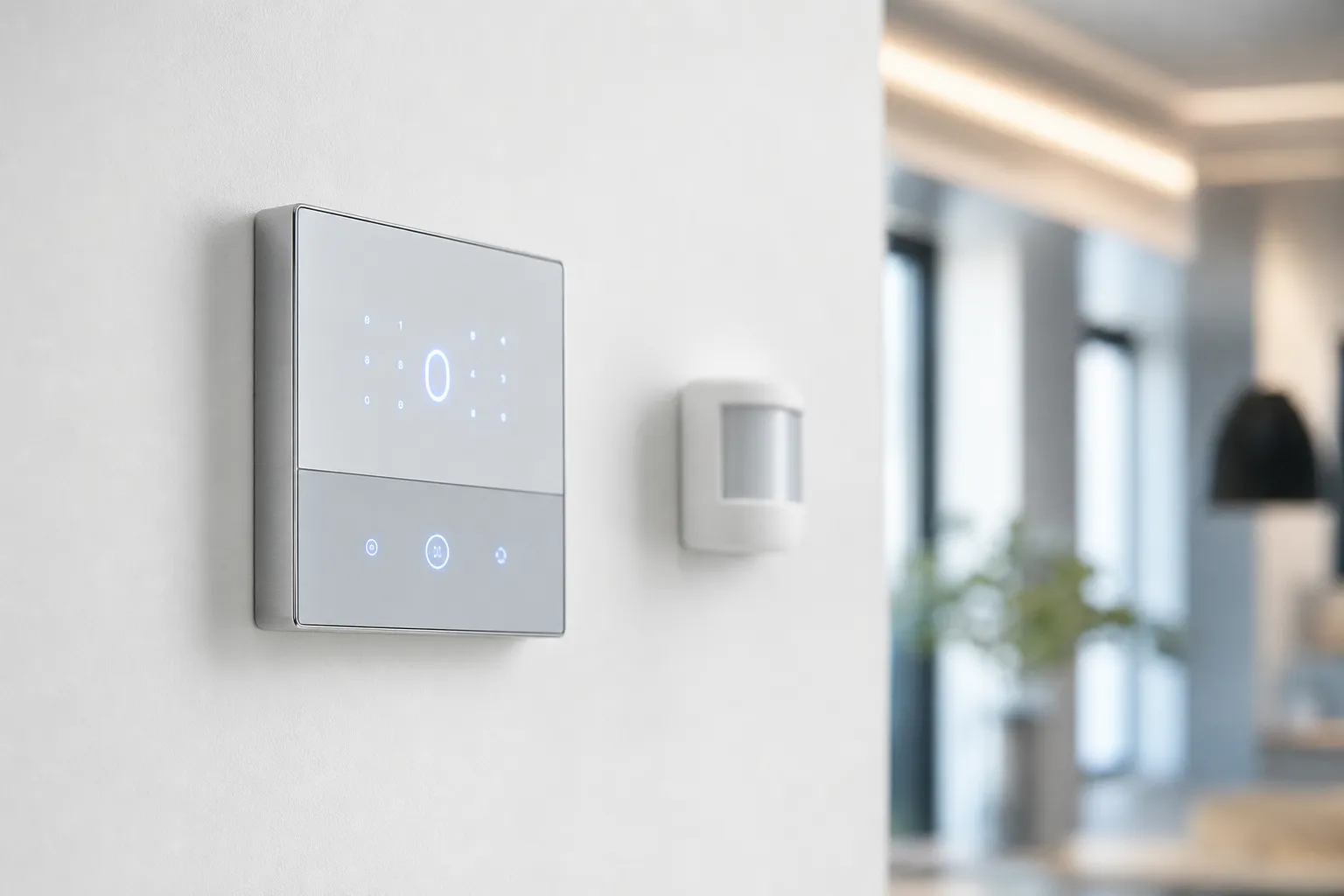 Modernes Alarmanlagen-Bedienteil mit Touch-Display an einer hellen Wand