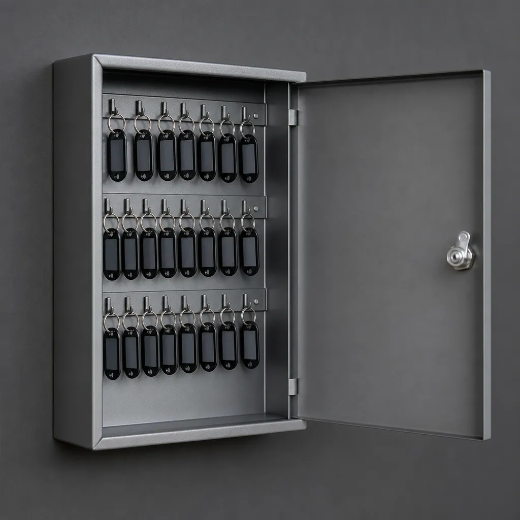 Geöffneter Schlüsselschrank mit nummerierten Haken